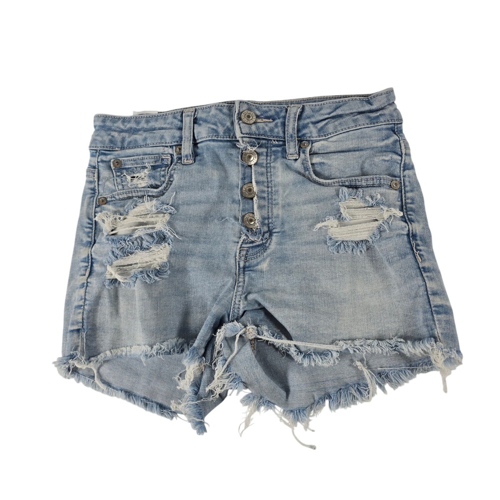 American Eagle Super High Rise Shortie Light Wash Distressed Button Fly Shorts 2